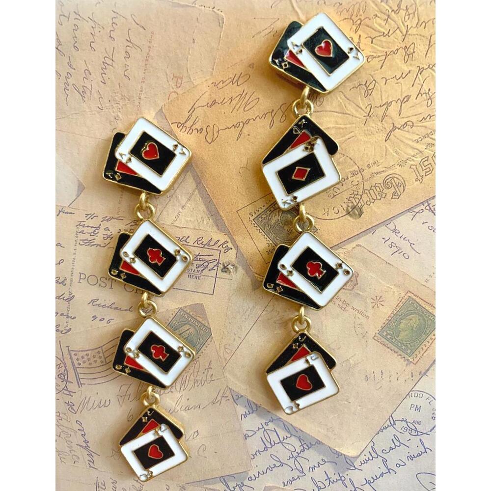 Novelty Enamel Playing Card Drop Earrings - Cascading Casino Theme Dangles